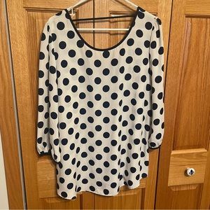 White/navy polka dots blouse. Size large. 3/4 sleeves. Low scoop back wi…